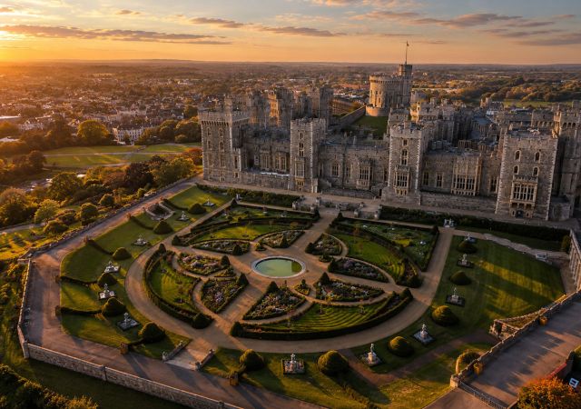 Aerial view of a grand medieval stone castle and its formal gardens at golden hour, photographed from an angled perspective.